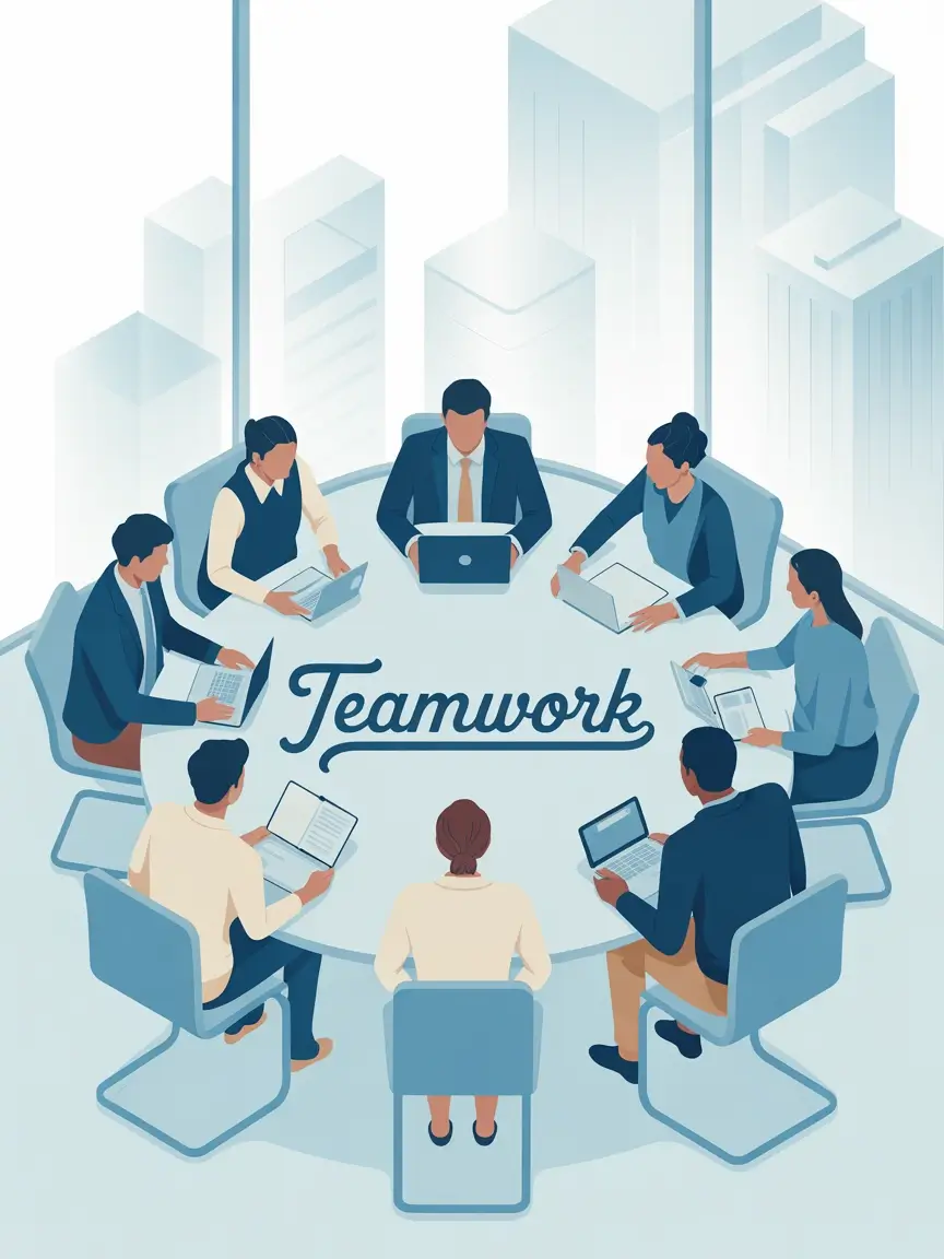 Teamwork illustration showing professionals collaborating around a table